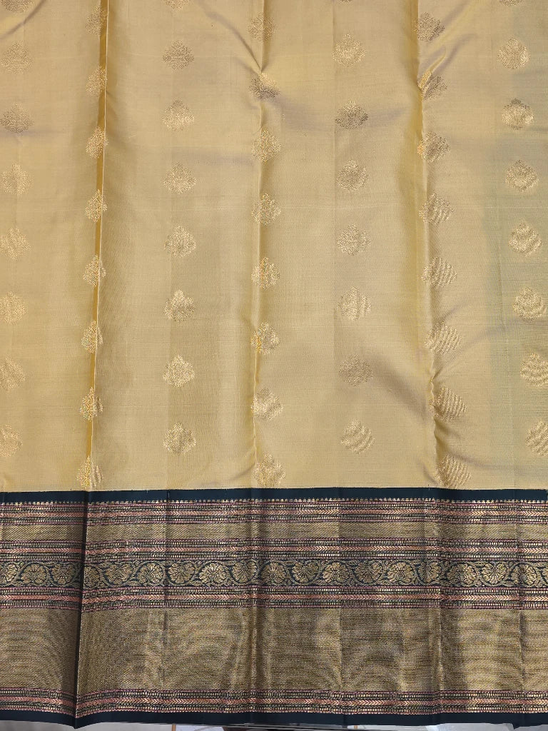 Ivory Pure Kanchipuram Silk Saree with Navy Blue Antique Gold Zari Border | Bridal Saree