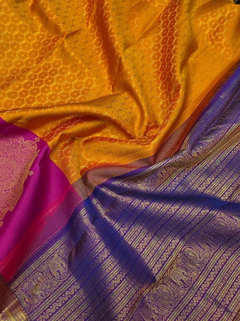 Royal Mustard Yellow Pure Kanchipuram Silk Saree with Pink & Purple Gold Zari Border | Bridal Saree