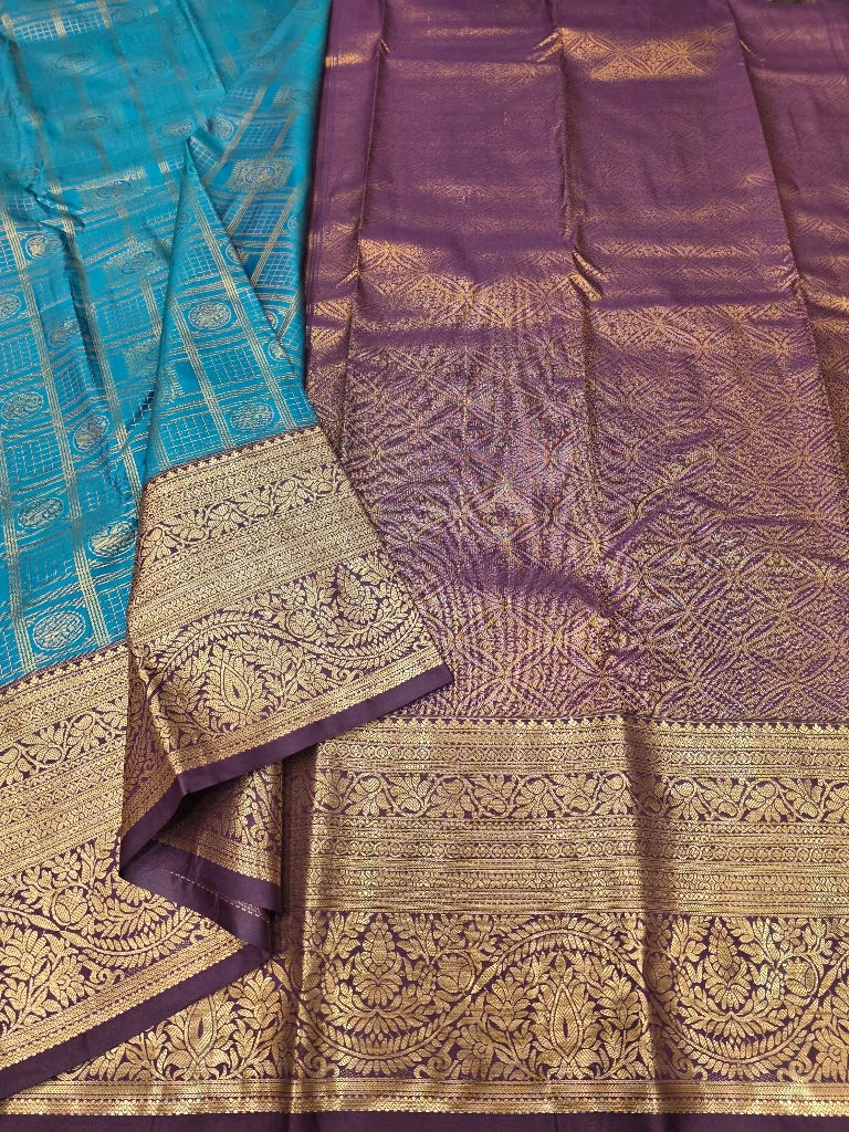 Turquoise Blue Semi Kanchipuram Silk Saree with Gold Zari Checks & Rich Purple Pallu