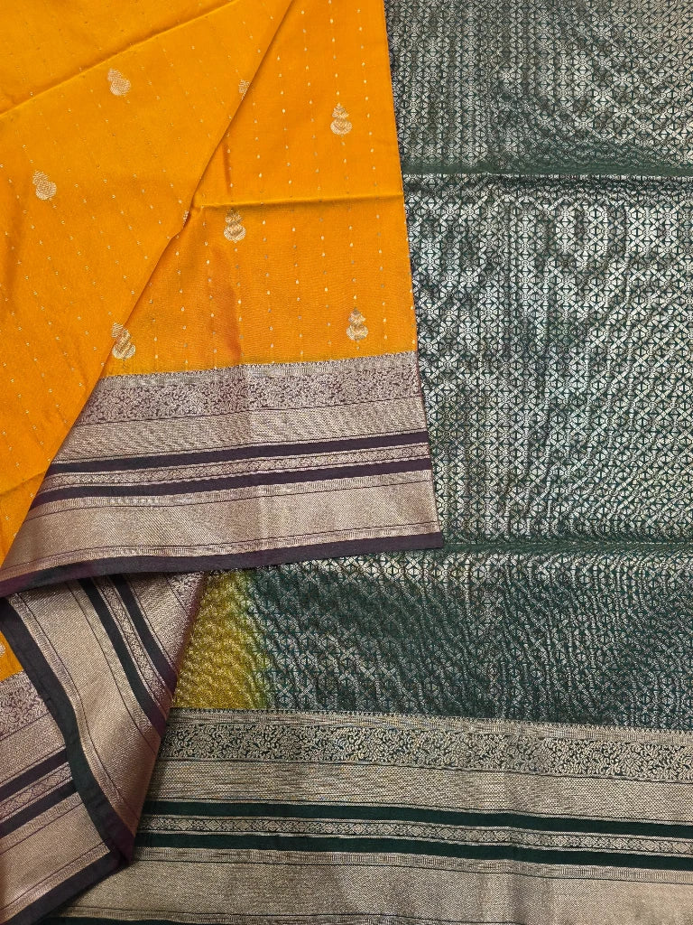 Mustard Yellow Semi Kanchipuram Silk Saree with Dark Green Contrast Zari Border & Rich Brocade Pallu
