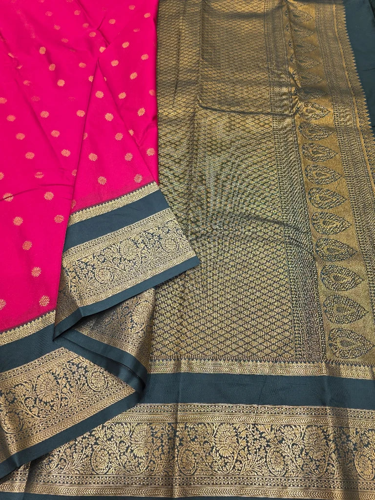 Rani Pink Semi Kanchipuram Silk Saree with Peacock Green Gold Zari Border & Rich Traditional Pallu