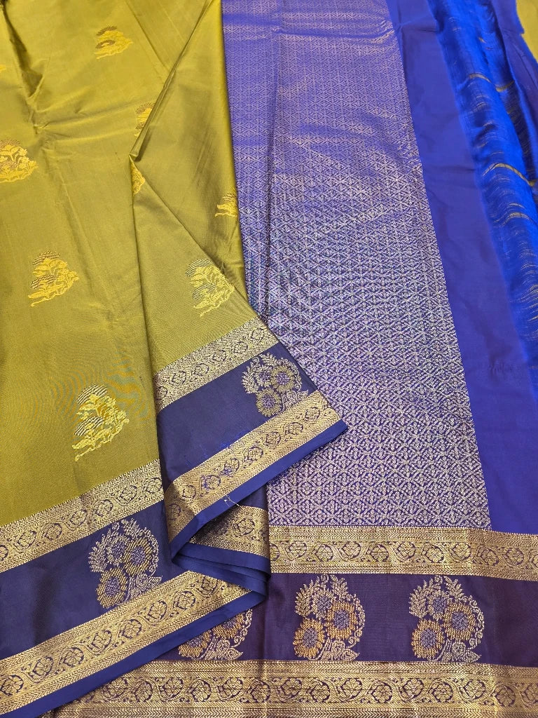 Olive Green Semi Kanchipuram Silk Saree with Royal Blue Zari Border & Rich Pallu