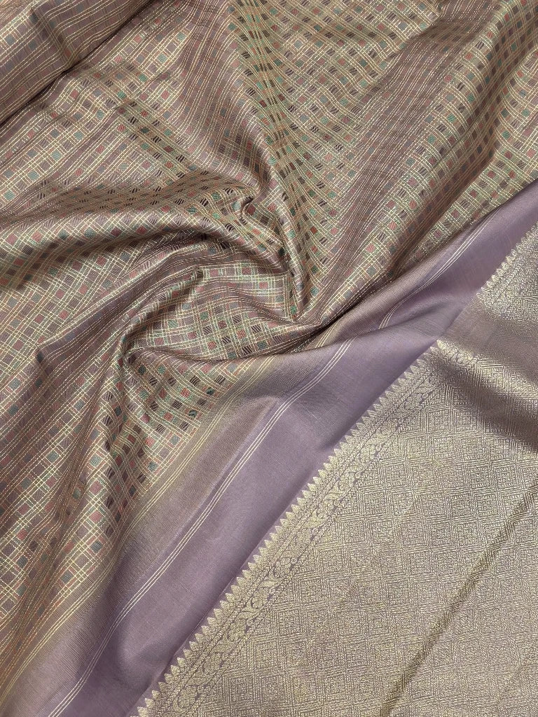 Royal Mauve Grey Pure Kanchipuram Silk Saree with Multicolour Checks & Rich Silver Zari Border | Bridal Saree