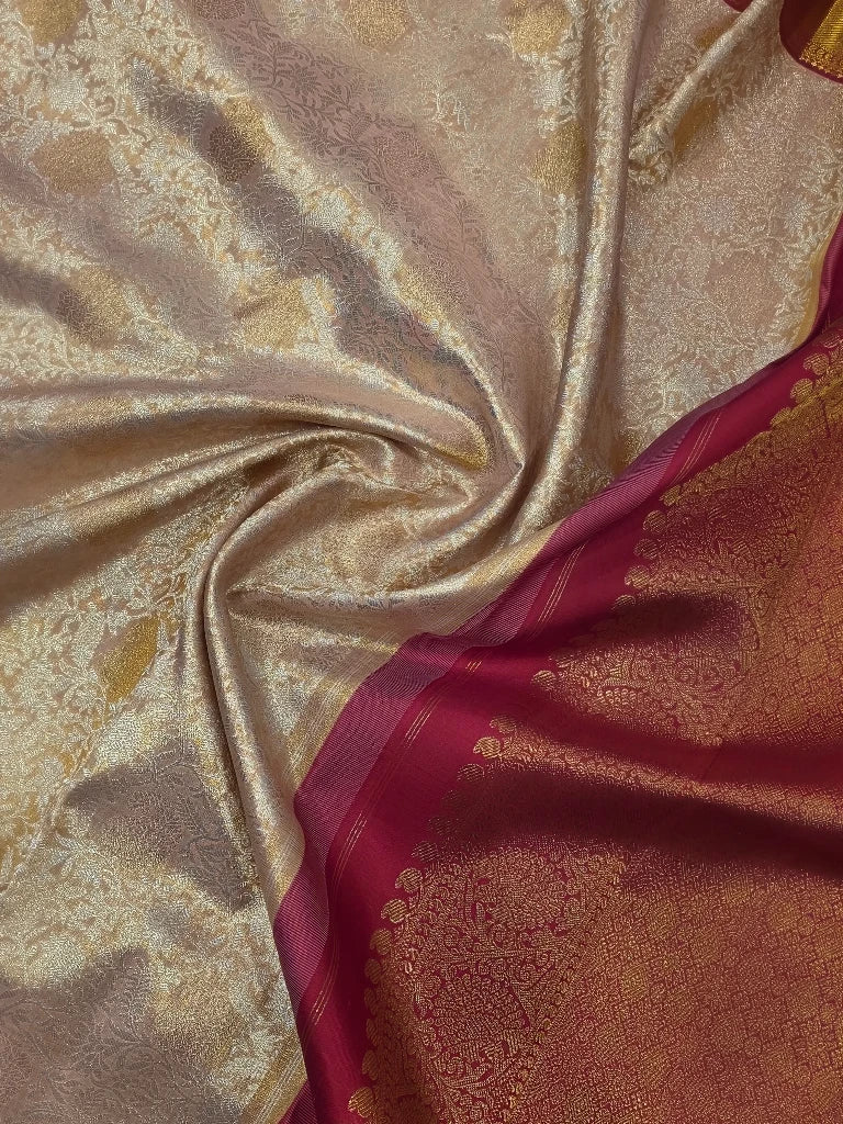 Ivory Gold Pure Kanchipuram Silk Saree with Maroon Contrast Border & Rich Gold Zari Pallu