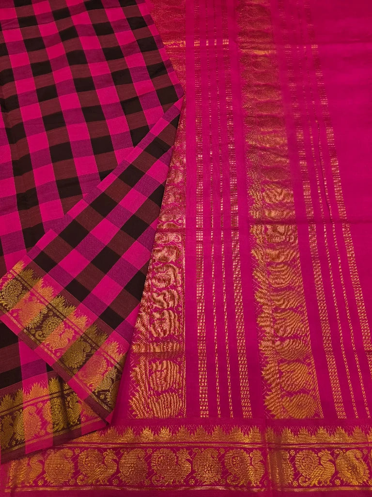 Rani Pink & Black Checks Semi Silk Cotton Saree with Gold Zari Temple Border | Kanchipuram Style