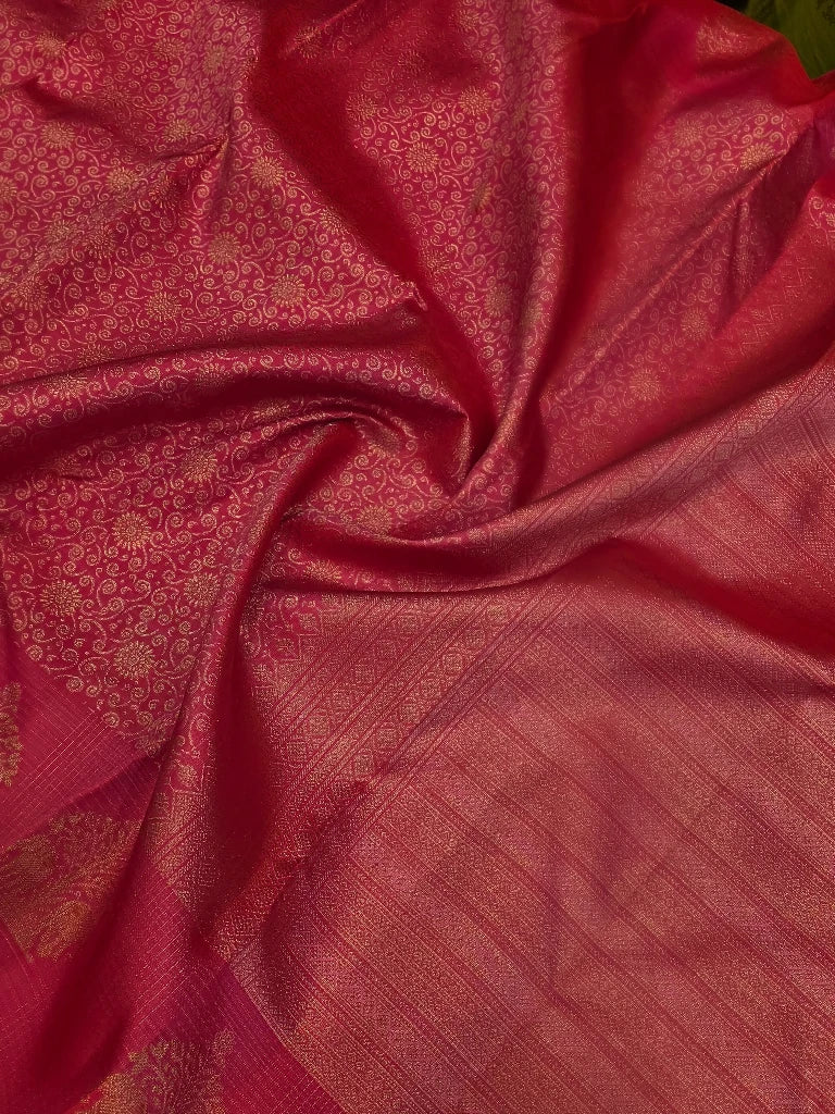 Royal Ruby Pink Pure Kanchipuram Silk Saree with Gold Zari Elephant Motif Border | Traditional Bridal Saree
