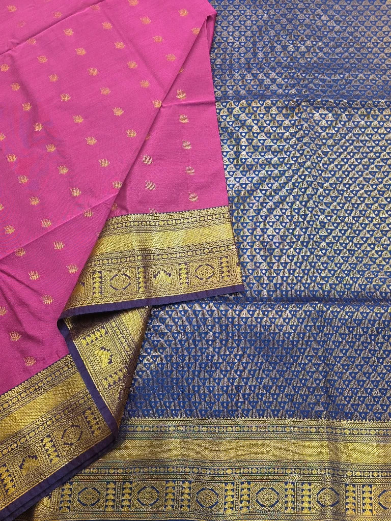 Rani Pink Semi Kanchipuram Silk Saree with Royal Blue Brocade Pallu & Rich Gold Zari Border