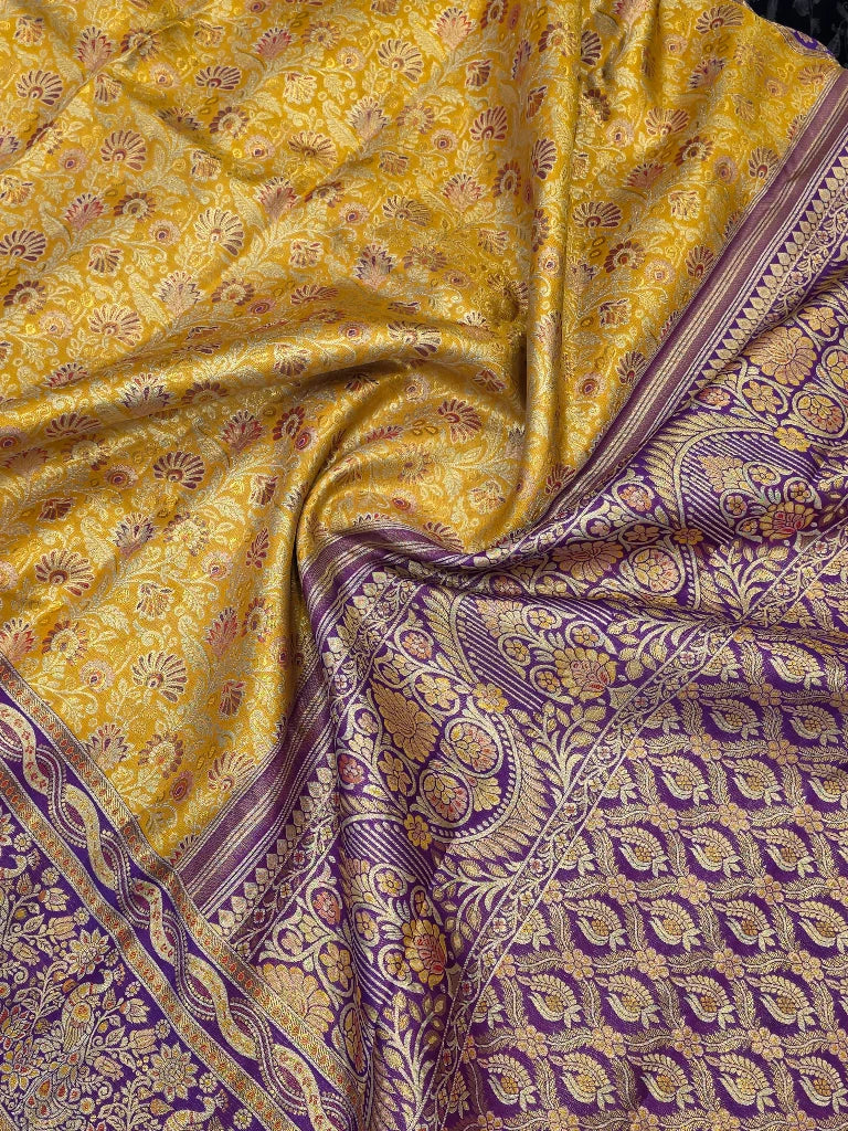 Royal Mustard Yellow & Purple Pure Kanchipuram Silk Saree with Peacock Floral Zari Border | Bridal Saree