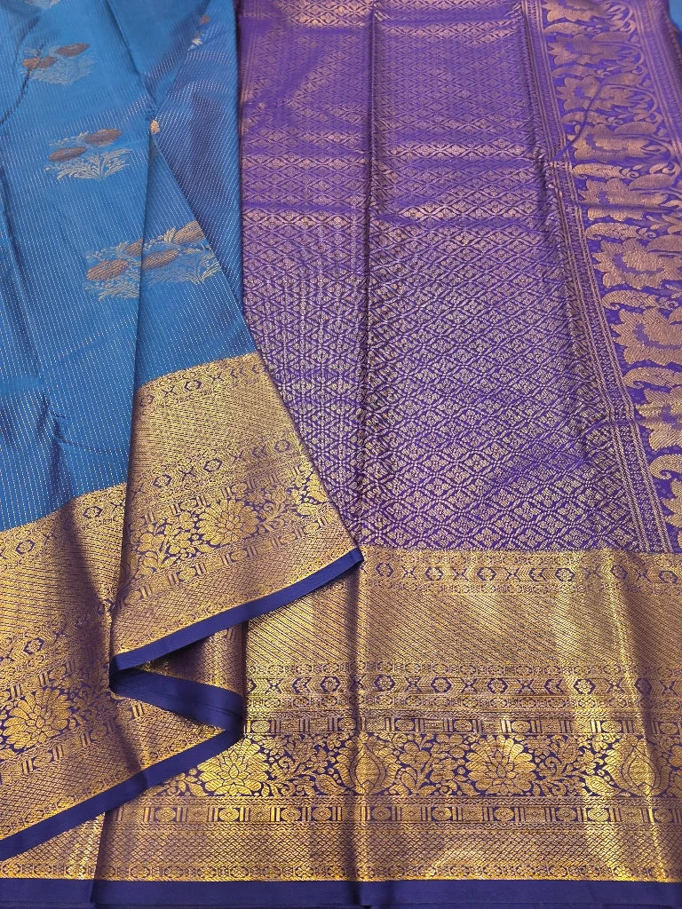 Sky Blue Semi Kanchipuram Silk Saree with Royal Purple Contrast Border & Rich Gold Zari Pallu