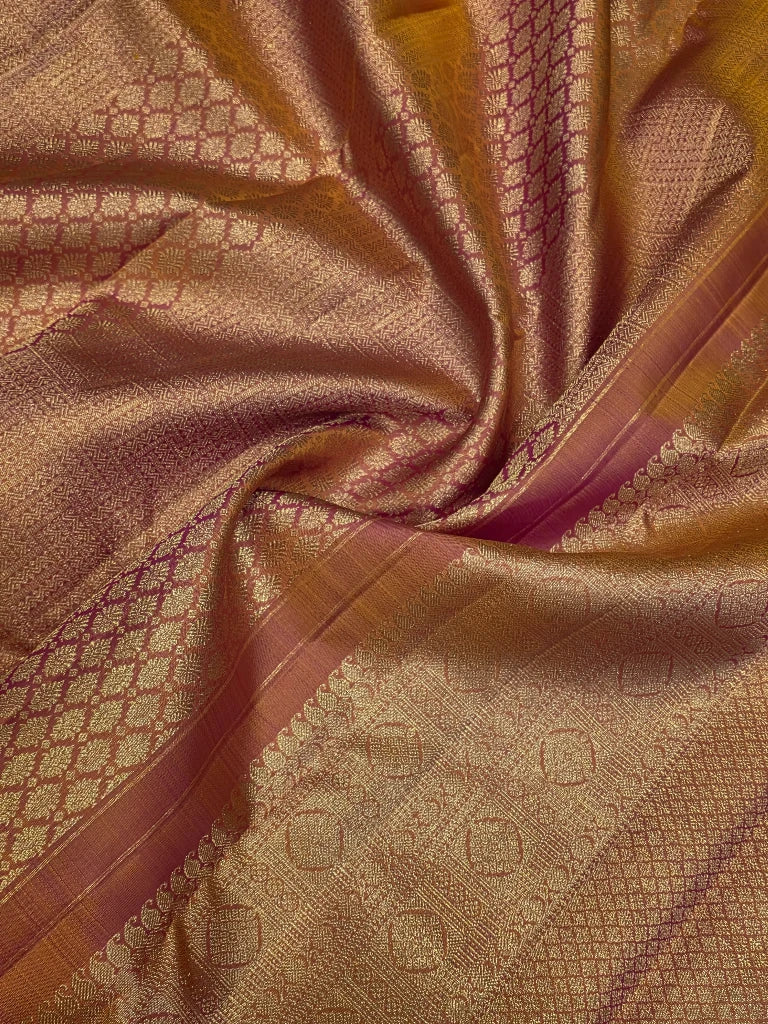 Royal Copper Rose Pink Pure Kanchipuram Silk Saree with Rich Gold Zari Border | Traditional Bridal Saree