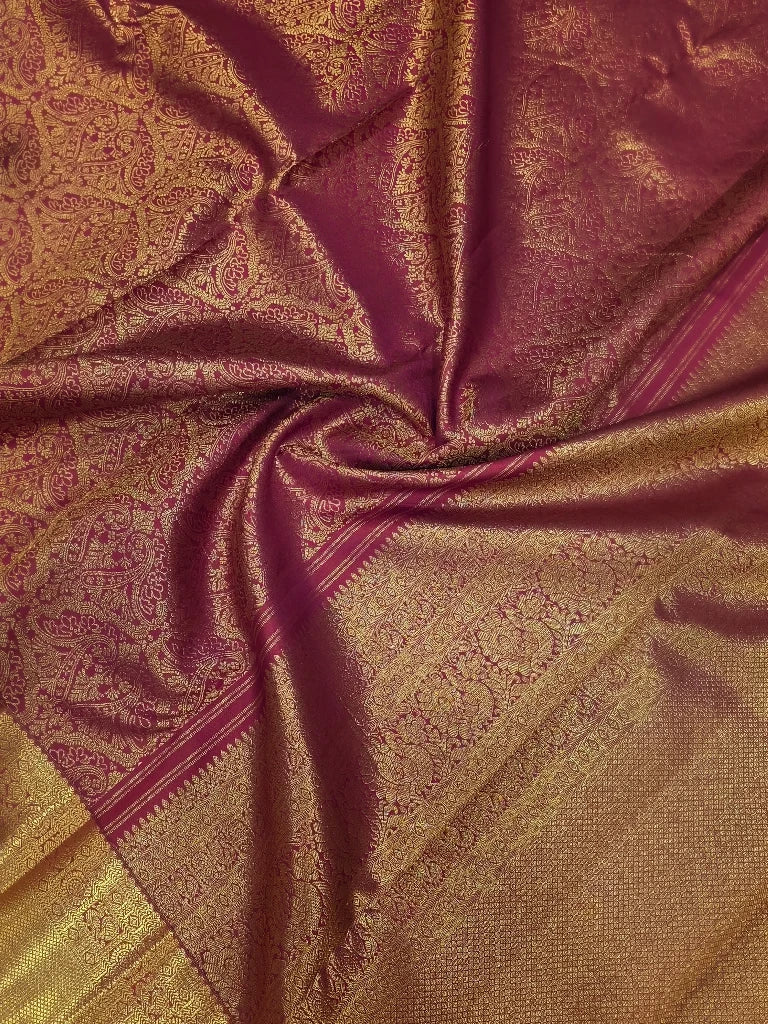 Royal Wine Maroon Pure Kanchipuram Silk Saree with Gold Zari Paisley Design & Rich Bridal Border