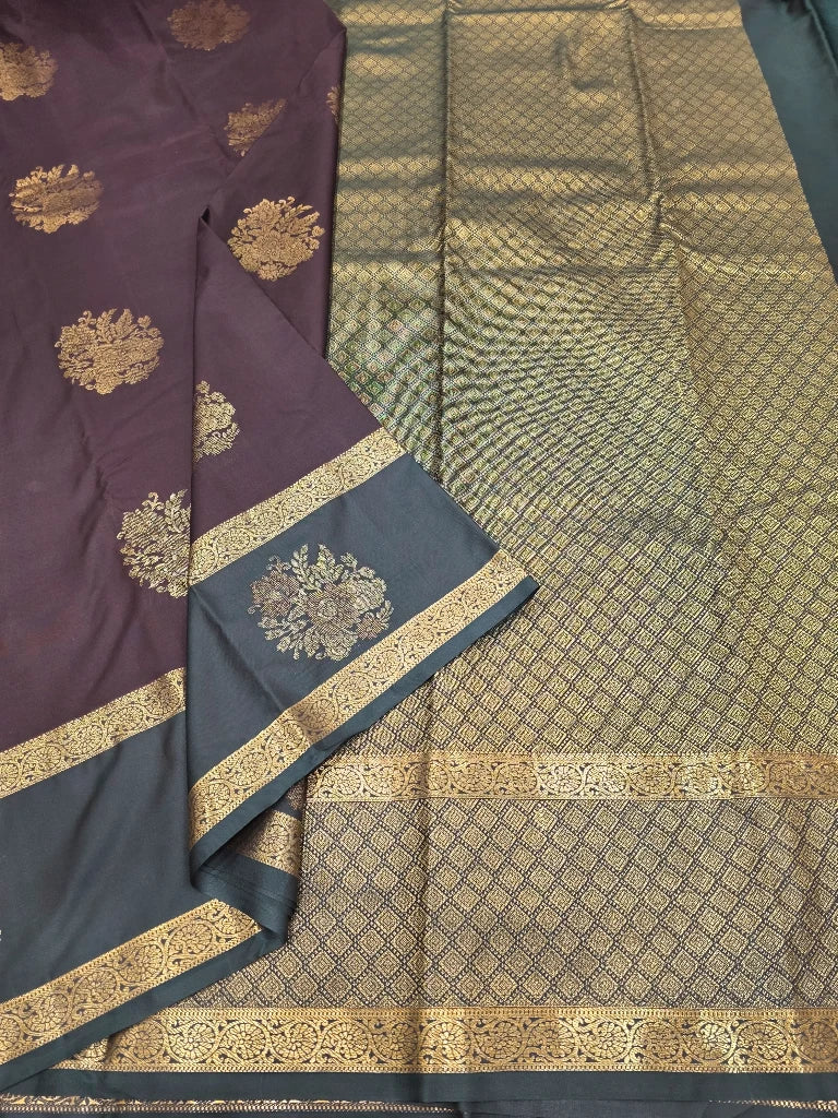 Wine Purple Semi Kanchipuram Silk Saree with Teal Blue Zari Border & Rich Gold Pallu