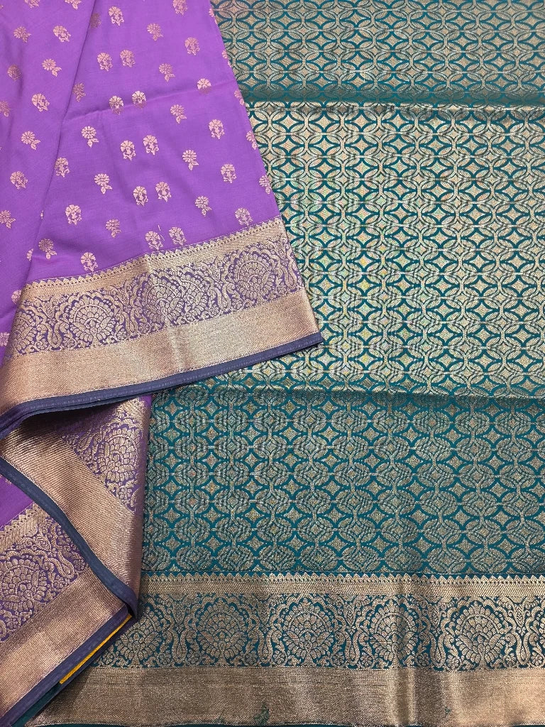 Lavender Purple Semi Kanchipuram Silk Saree with Gold Zari Border & Teal Blue Brocade Pallu