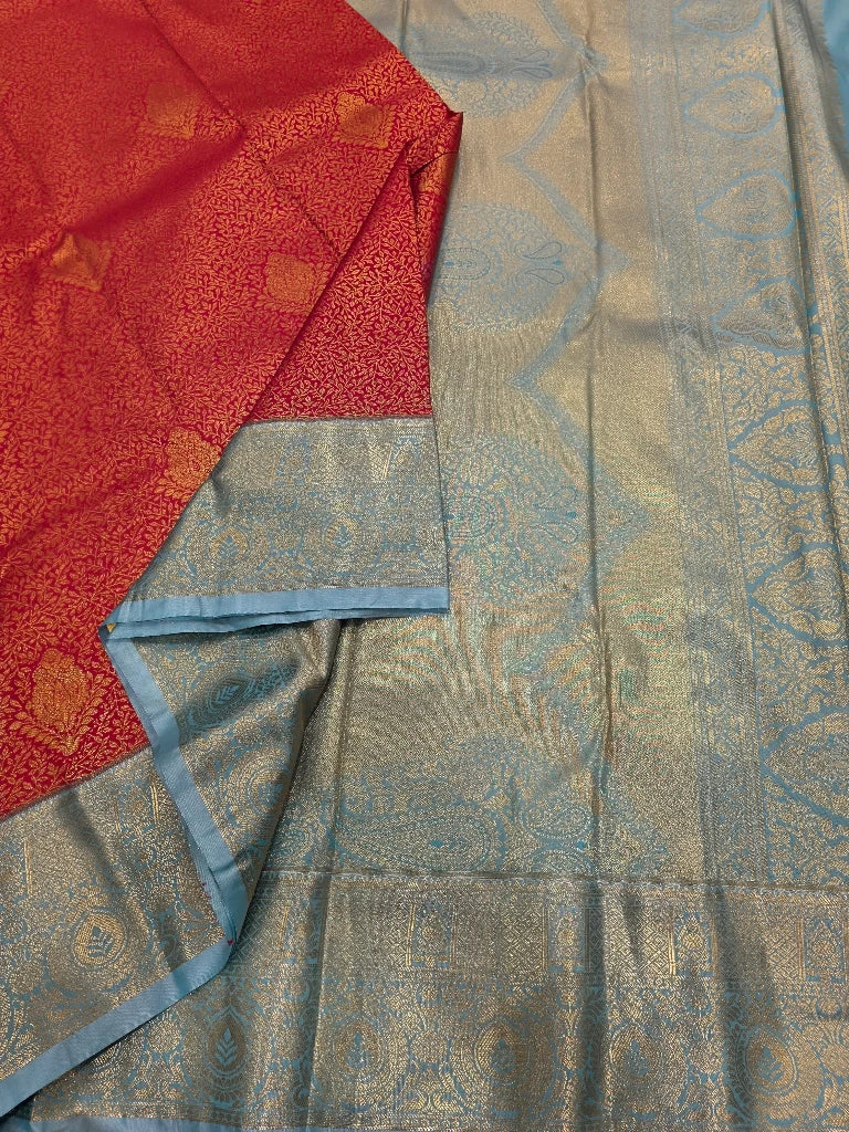 Red Semi Kanchipuram Silk Saree with Sky Blue Gold Zari Border & Rich Paisley Pallu