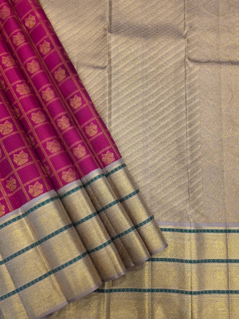 Royal Rani Pink Pure Kanchipuram Silk Saree with Silver Gold Zari Border | Traditional Bridal Saree