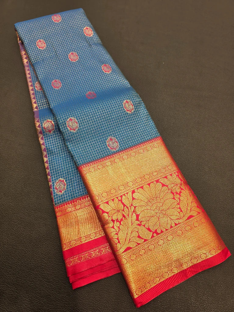 Royal Blue Semi Kanchipuram Silk Saree with Red Orange Gold Zari Border & Rich Floral Pallu