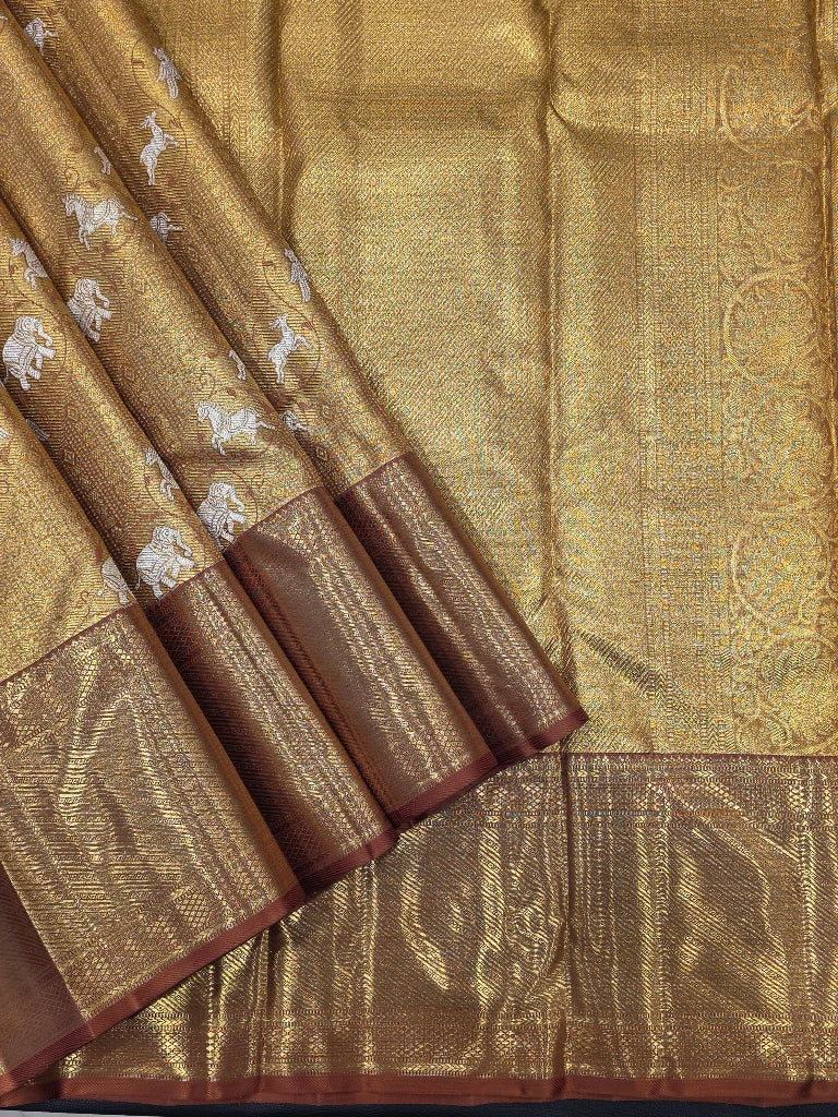 Antique Gold Pure Kanchipuram Silk Saree with Silver Elephant Motifs & Copper Zari Border