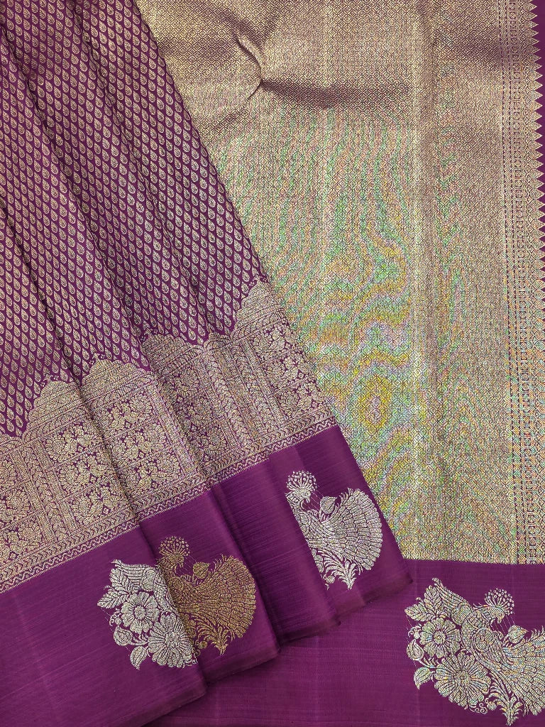Royal Wine Purple Pure Kanchipuram Silk Saree with Peacock Zari Border & Rich Gold Pallu | Bridal Saree