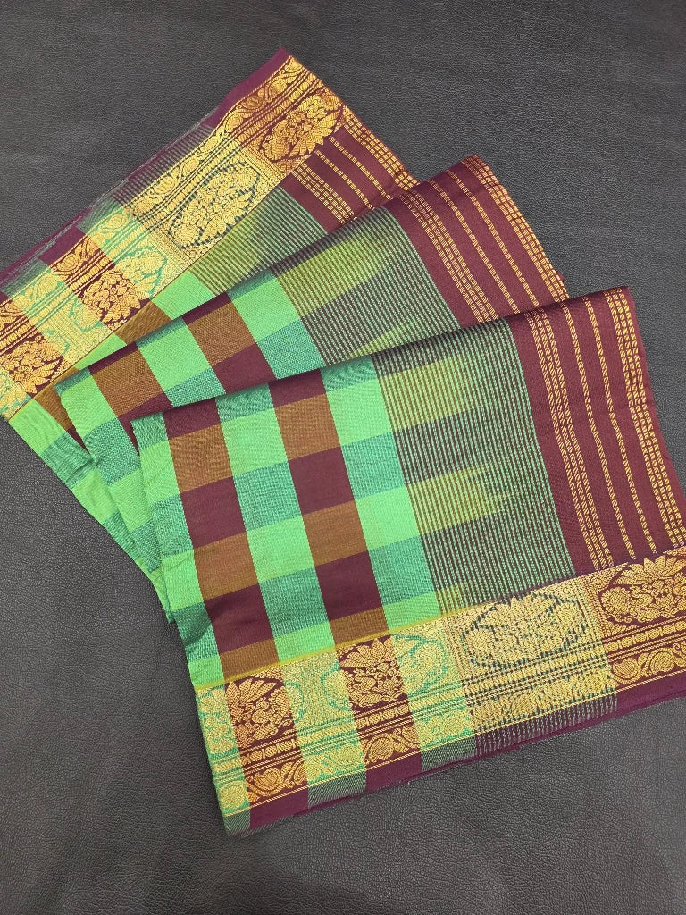 Sea Green & Wine Purple Checks Semi Silk Cotton Saree with Gold Zari Border | Kanchipuram Style