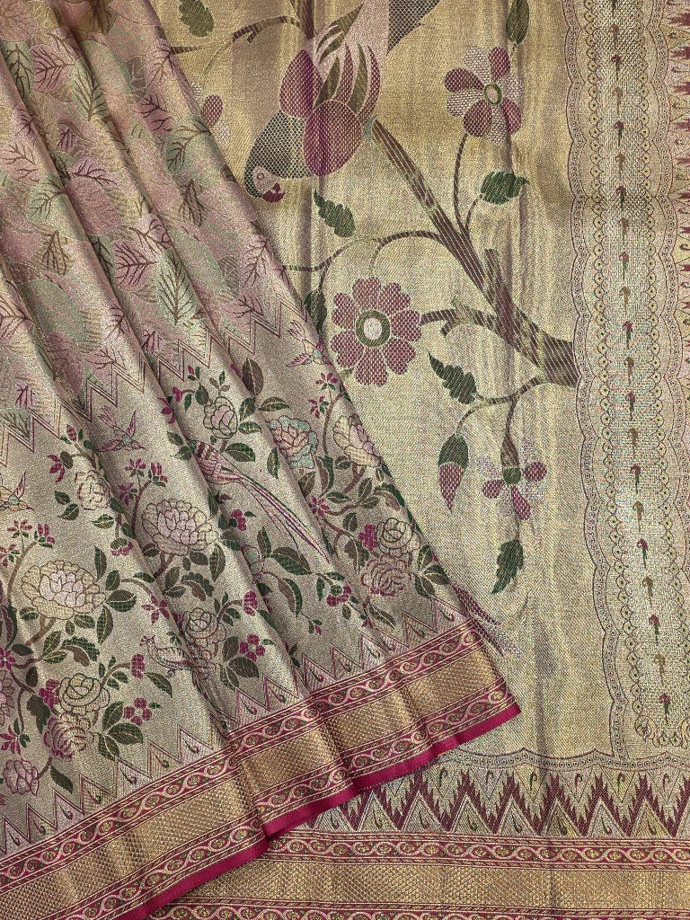 Royal Floral & Parrot Motif Pure Kanchipuram Silk Saree | Antique Gold Zari with Pink Border | Bridal Saree