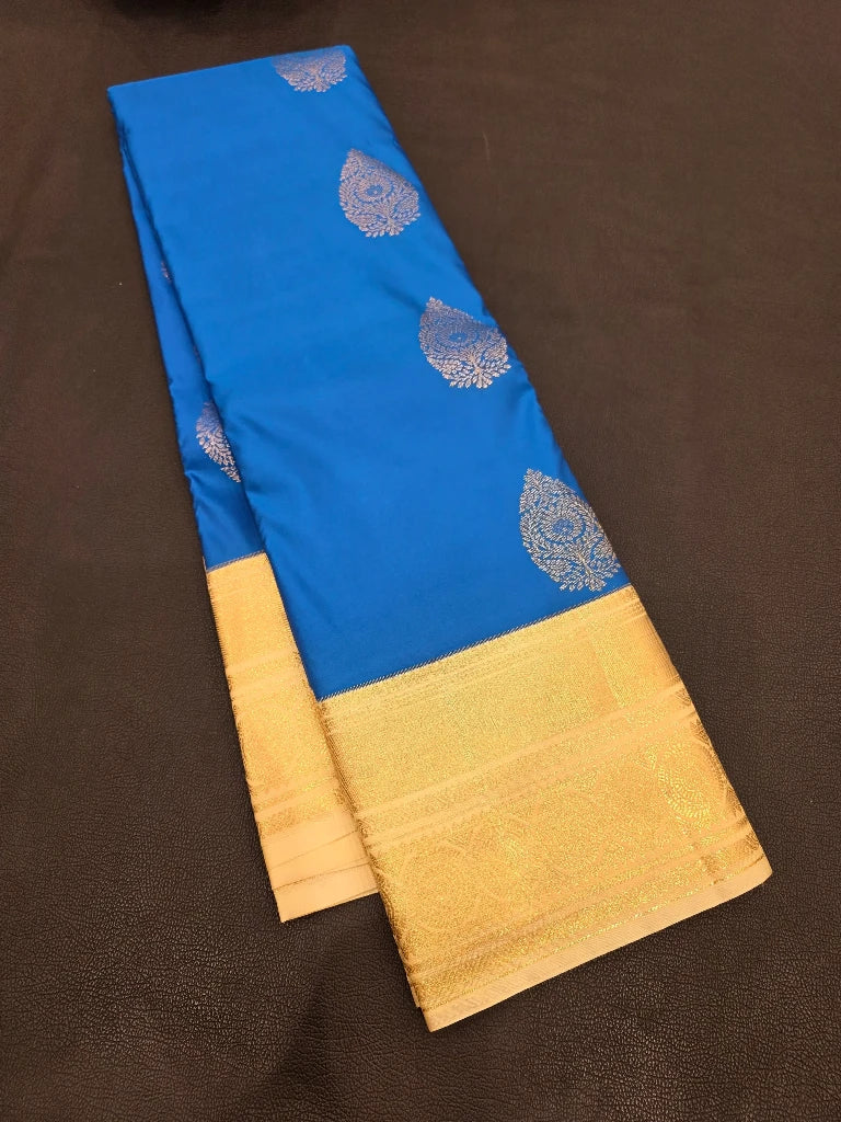 Royal Blue Semi Kanchipuram Silk Saree with Gold Zari Border & Rich Golden Pallu | Traditional Bridal Saree