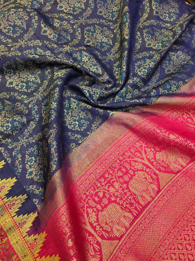 Royal Navy Blue Pure Kanchipuram Silk Saree with Pink Elephant Zari Border | Traditional Bridal Saree