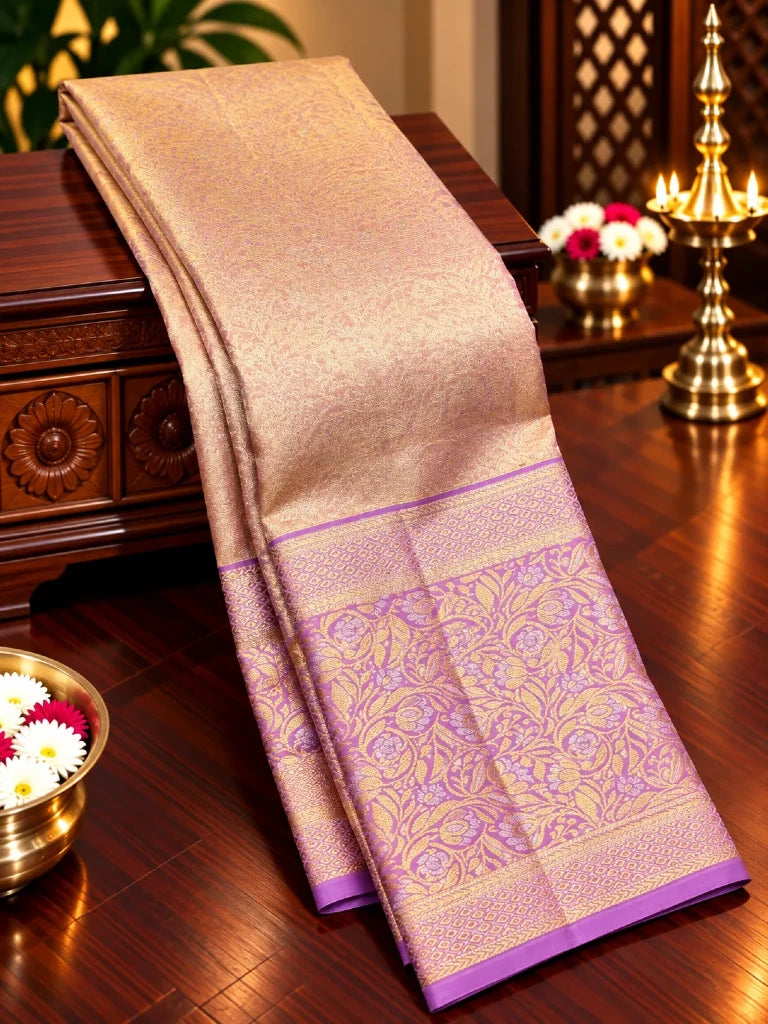 Royal Lavender Purple Pure Kanchipuram Silk Saree with Rich Gold Zari Floral Brocade | Bridal Saree