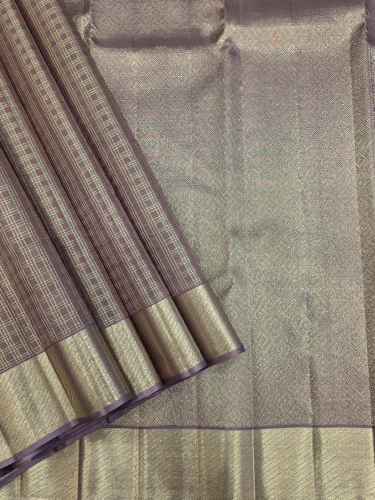 Royal Mauve Grey Pure Kanchipuram Silk Saree with Multicolour Checks & Rich Silver Zari Border | Bridal Saree