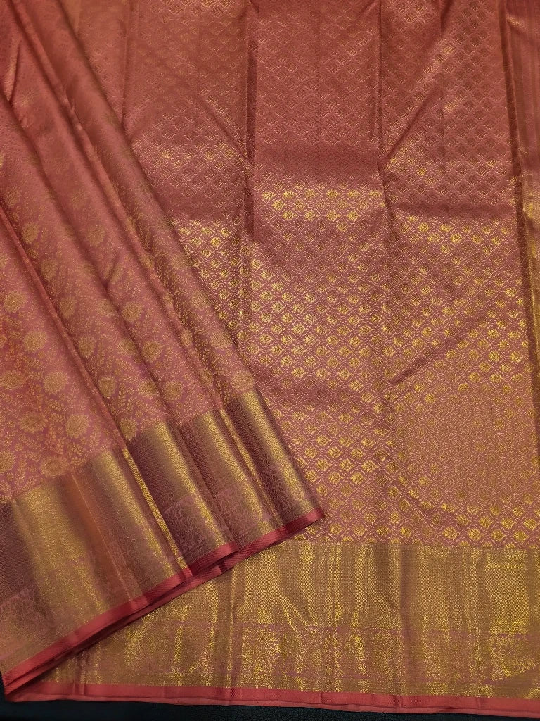 Dusty Rose Pink Pure Kanchipuram Silk Saree with Antique Gold Zari Border & Floral Motifs | Bridal Silk