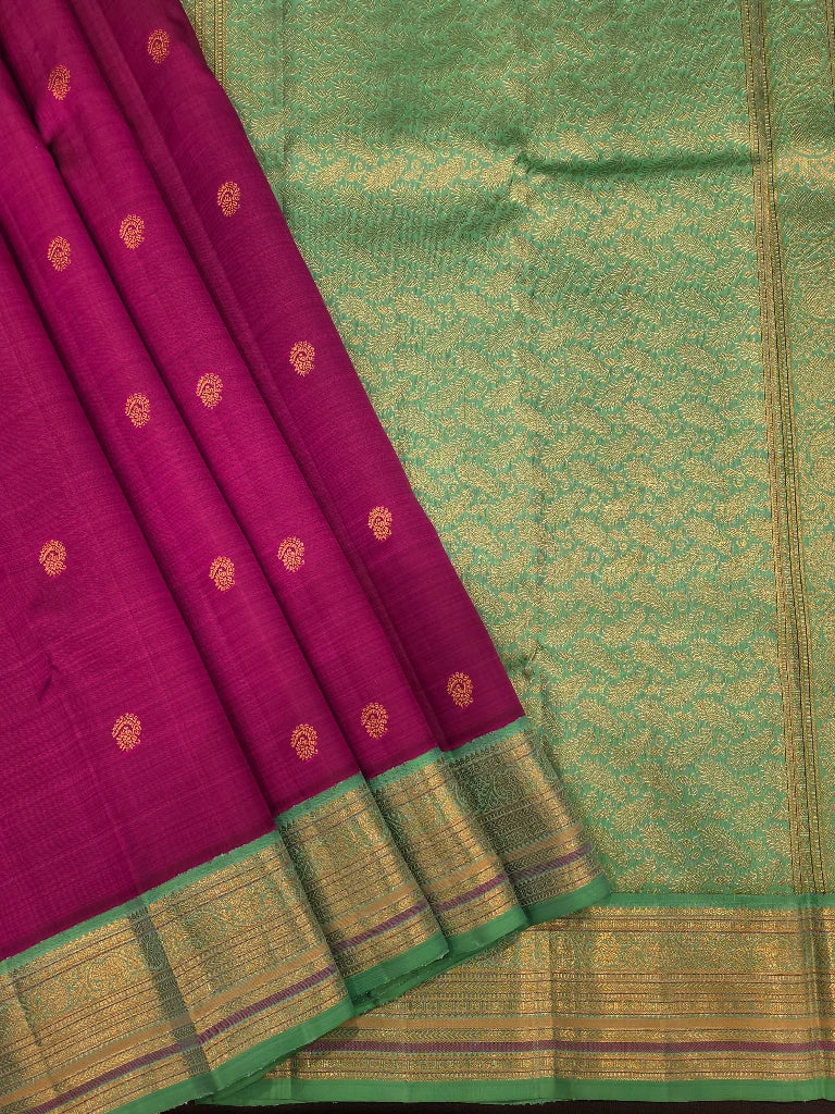 Rani Pink & Green Pure Kanchipuram Silk Saree with Rich Gold Zari Pallu | Bridal Saree
