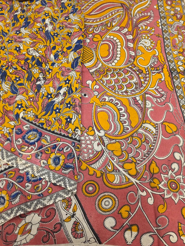 Mustard Yellow & Dusty Pink Kalamkari Saree with Grand Peacock Pallu | Traditional Floral Printed Saree