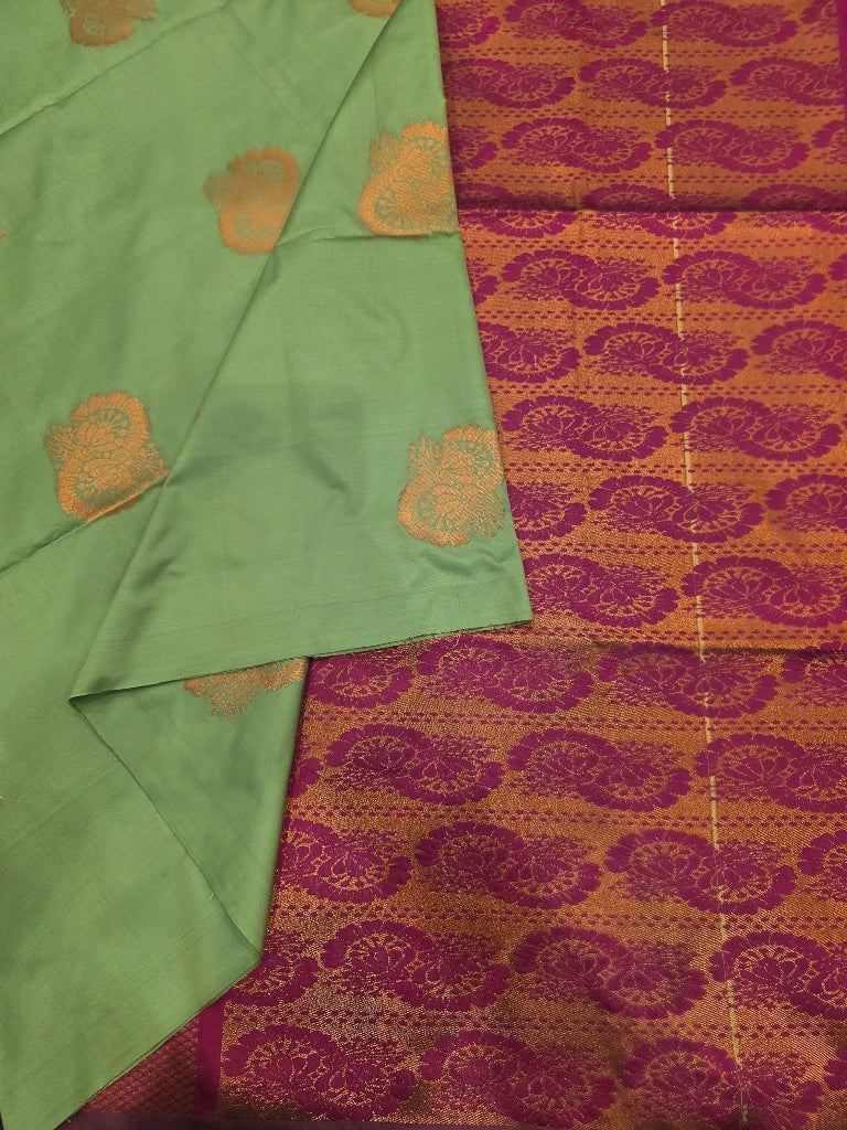 Pastel Green Semi Kanchipuram Silk Saree with Gold Zari Floral Buttas & Magenta Brocade Pallu