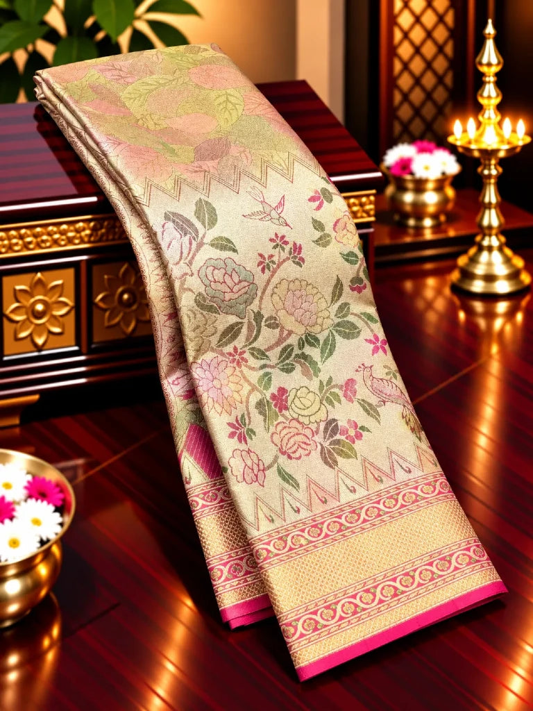 Royal Floral & Parrot Motif Pure Kanchipuram Silk Saree | Antique Gold Zari with Pink Border | Bridal Saree