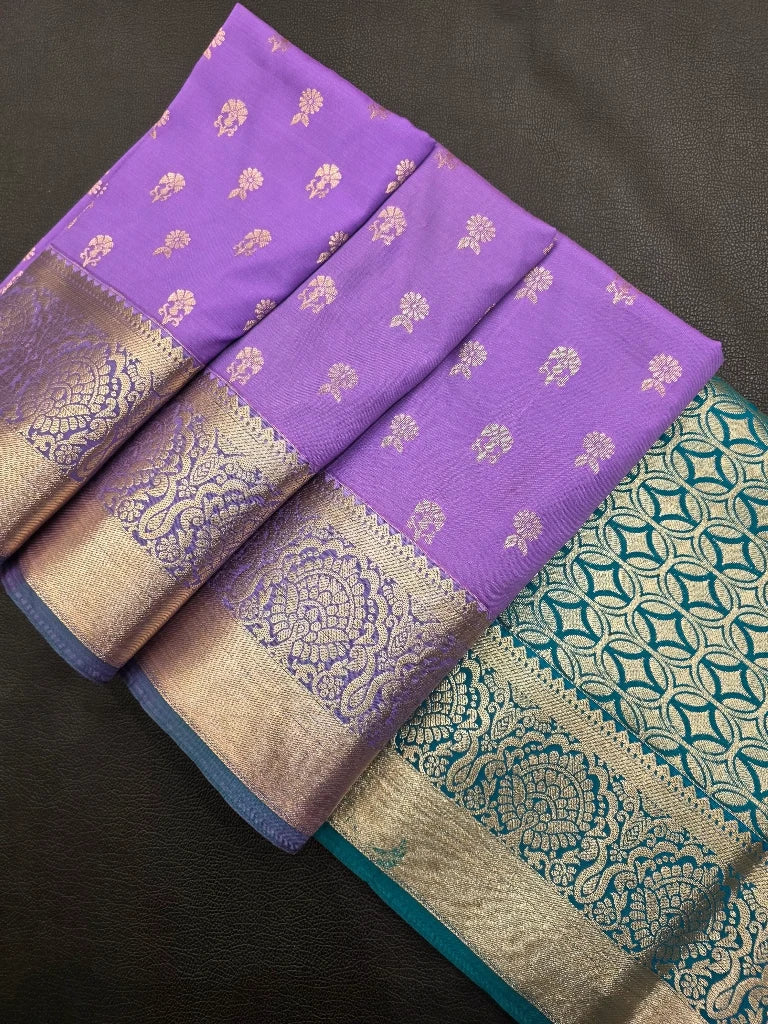 Lavender Purple Semi Kanchipuram Silk Saree with Gold Zari Border & Teal Blue Brocade Pallu