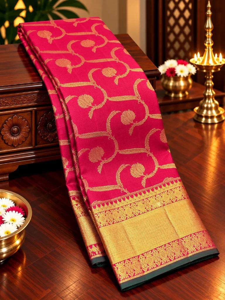 Royal Pink Pure Kanchipuram Silk Saree with Gold Zari Floral Buttas & Rich Bridal Border