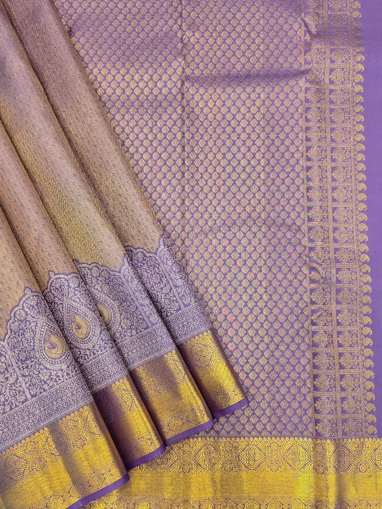 Royal Lavender Purple Pure Kanchipuram Silk Saree with Gold Zari Paisley Border | Traditional Bridal Saree