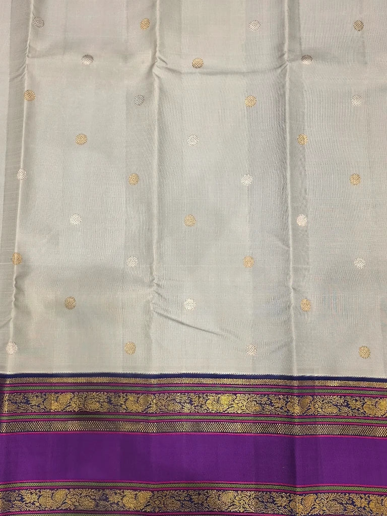 Ice Blue Pure Kanchipuram Silk Saree with Purple Zari Border & Peacock Pallu | Bridal Saree