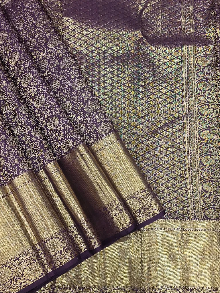 Royal Purple Pure Kanchipuram Silk Saree with Gold Zari Floral Weave | Bridal Saree