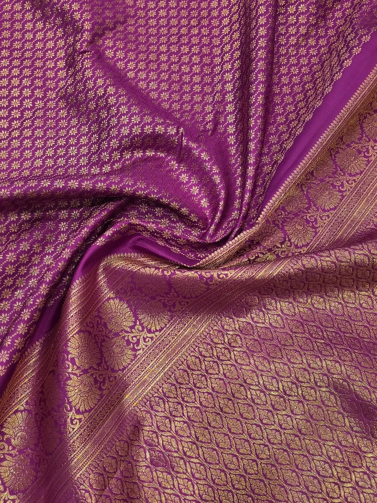 Royal Purple Pure Kanchipuram Silk Saree with Gold Zari Floral Buttas & Rich Bridal Pallu
