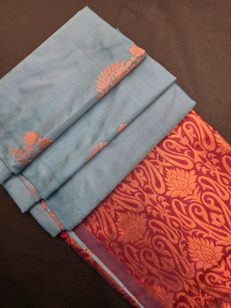 Slate Blue Semi Kanchipuram Silk Saree with Copper Zari Peacock Motifs & Maroon Brocade Pallu