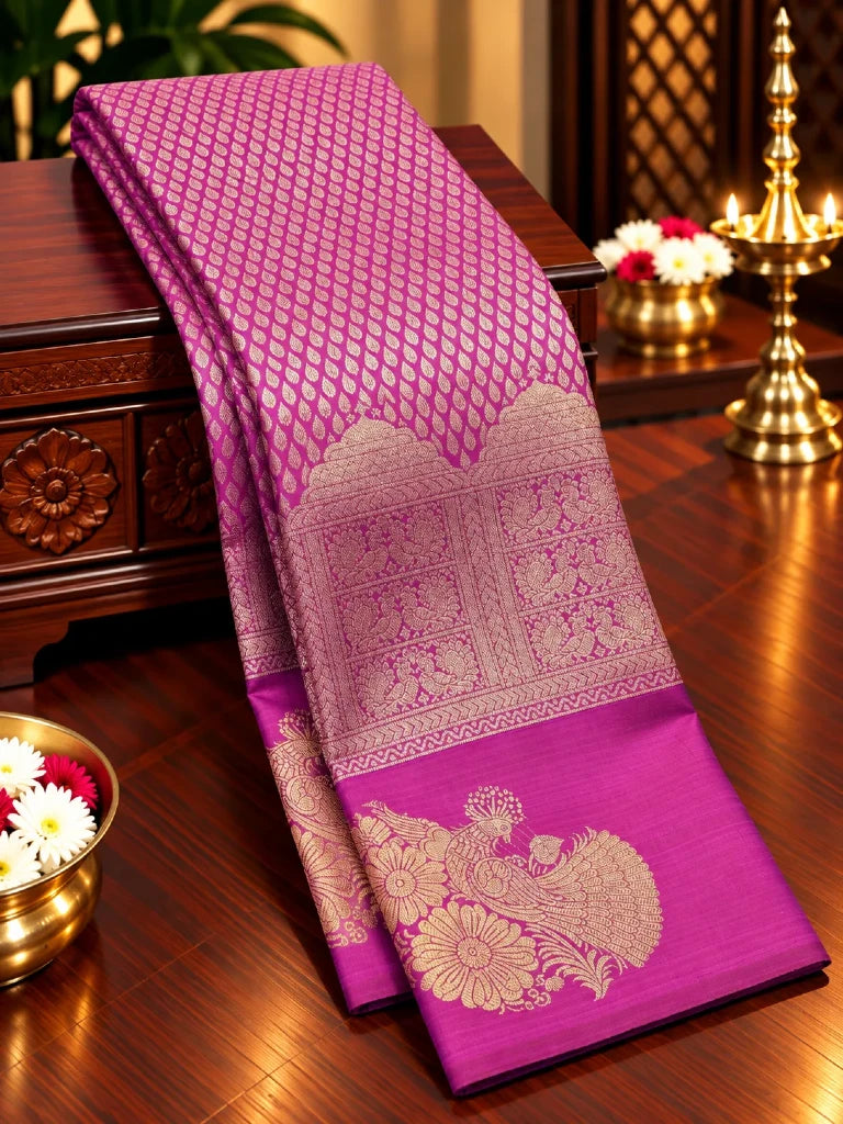 Royal Wine Purple Pure Kanchipuram Silk Saree with Peacock Zari Border & Rich Gold Pallu | Bridal Saree
