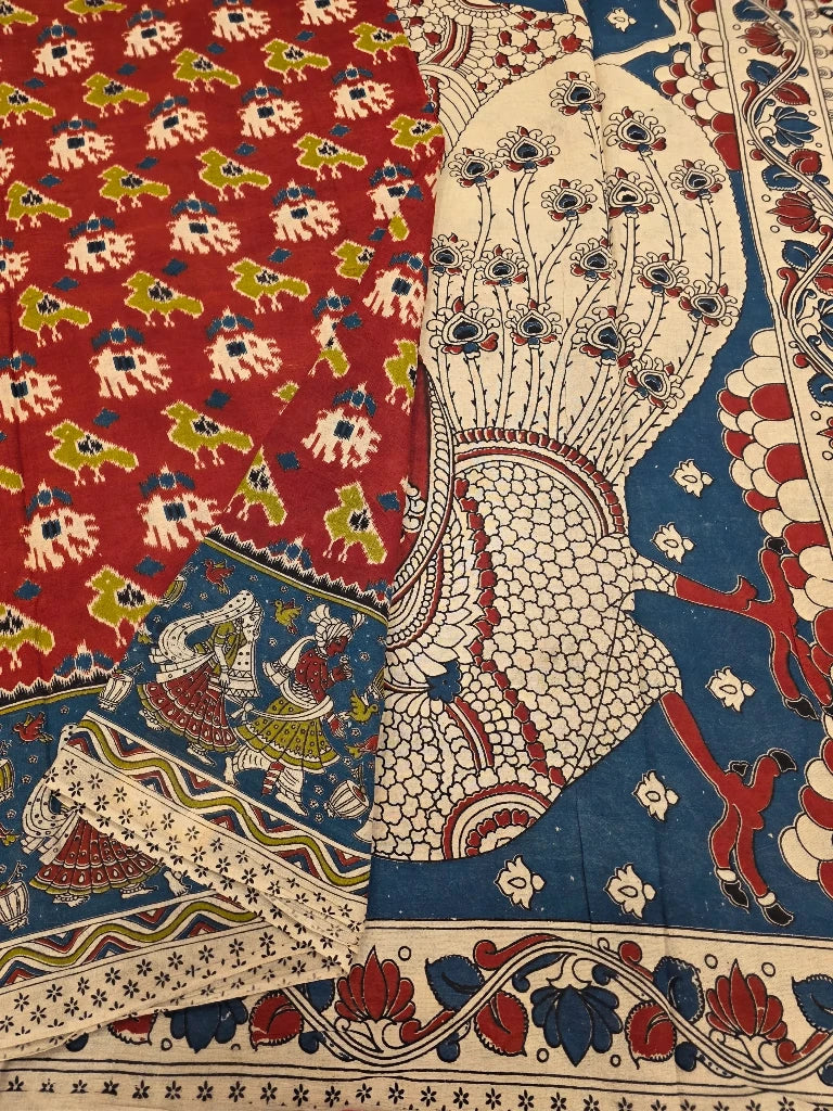 Rust Red Kalamkari Saree with Peacock Pallu & Traditional Folk Art Border | Ethnic Printed Saree