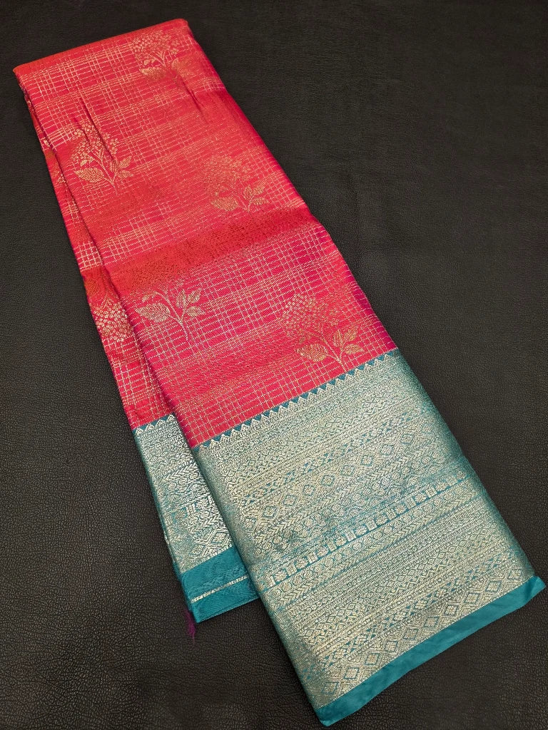Rani Pink Semi Kanchipuram Silk Saree with Silver Zari Border & Rich Peacock Teal Pallu