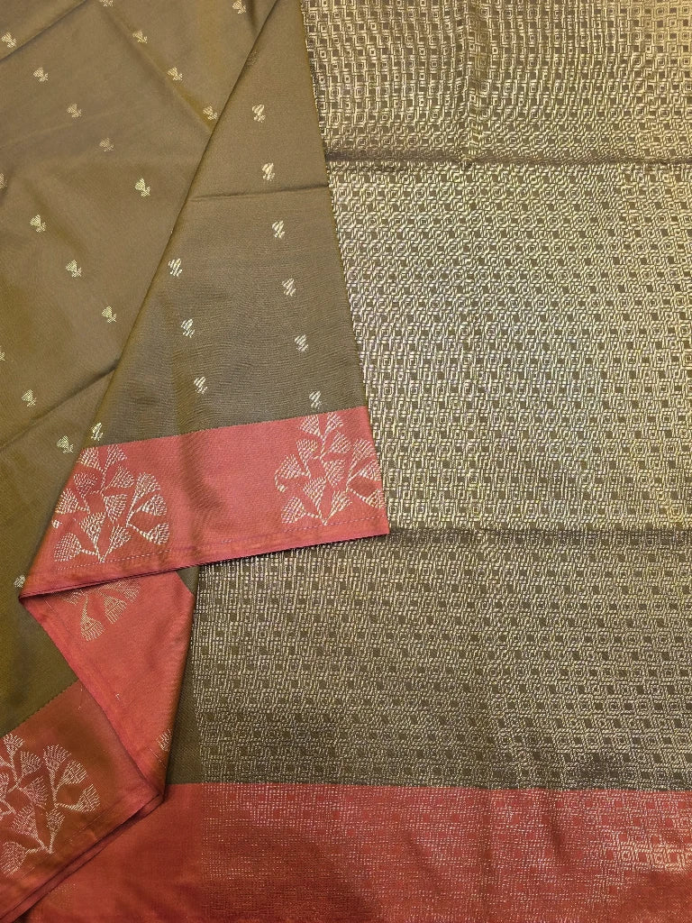 Olive Green Semi Kanchipuram Silk Saree with Peach Pink Floral Zari Border & Rich Brocade Pallu