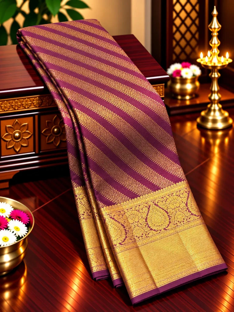 Royal Purple Pure Kanchipuram Silk Saree with Antique Gold Zari Border & Rich Floral Pallu | Bridal Collection