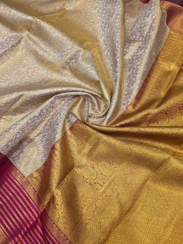 Silver Grey Floral Pure Kanchipuram Silk Saree with Magenta Gold Zari Border | Traditional Bridal Saree