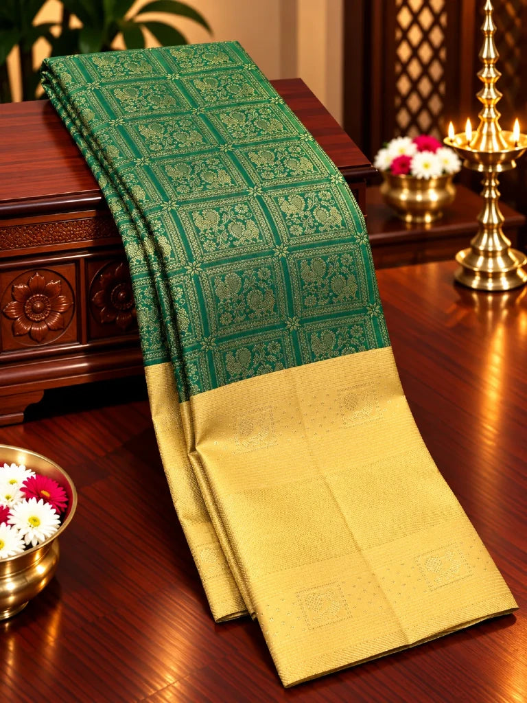 Royal Emerald Green Pure Kanchipuram Silk Saree with Champagne Gold Zari Border | Traditional Bridal Saree