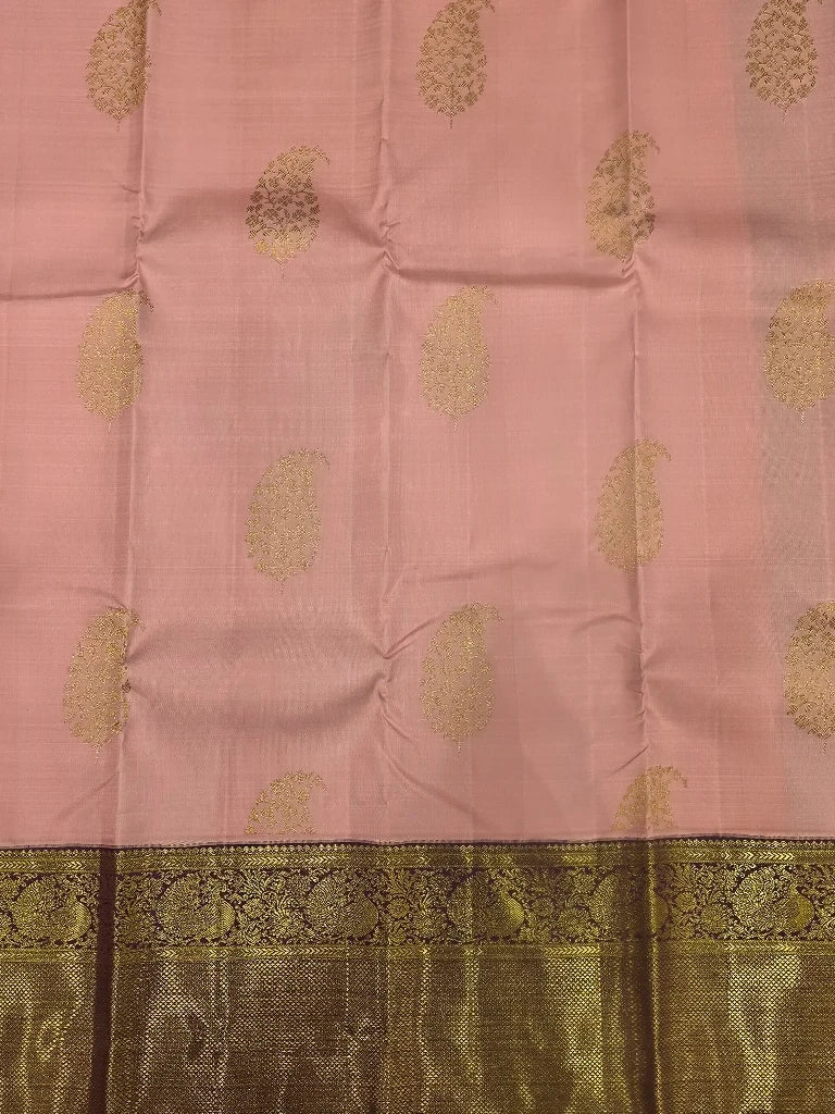 Baby Pink Pure Kanchipuram Silk Saree with Maroon Gold Zari Border | Bridal Saree
