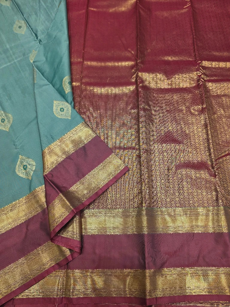 Elegant Teal Blue Semi Kanchipuram Silk Saree with Wine Maroon Gold Zari Border & Rich Pallu