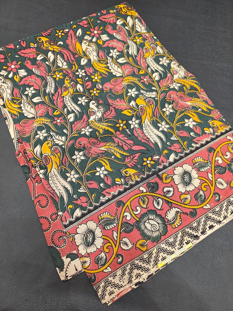 Dark Green & Rust Red Kalamkari Saree with Grand Peacock Pallu | Traditional Floral Printed Saree